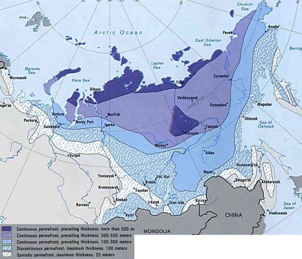 Карта распространения вечной мерзлоты