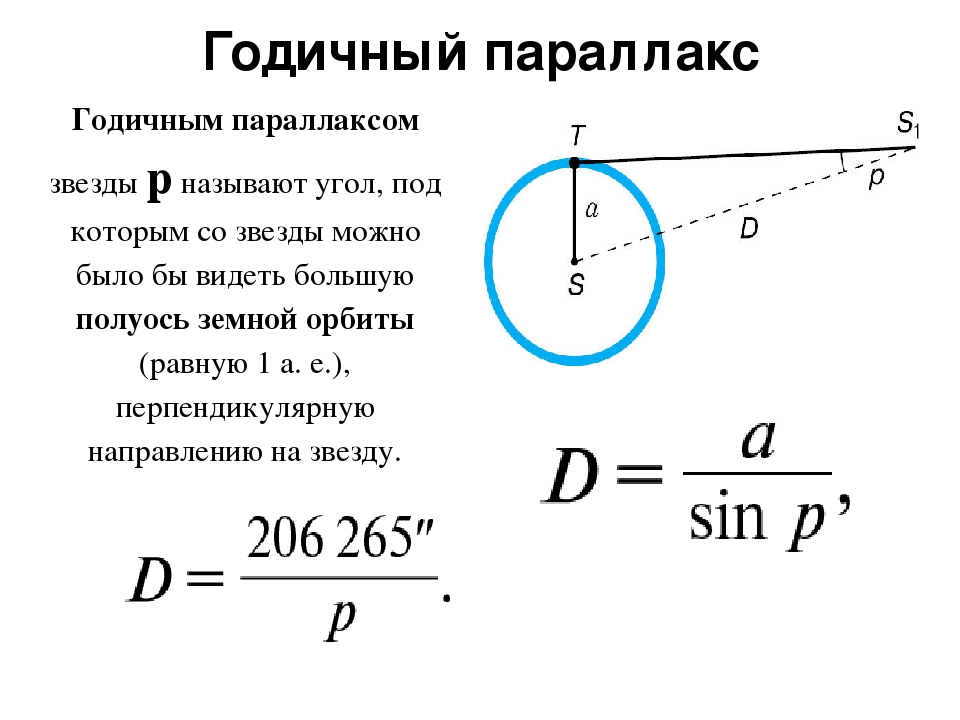 Расстояние до ближайшей. Годичный параллакс звезды. Годичный параллакс звезды формула. Суточный параллакс формула. Формула нахождения параллакса звезды.