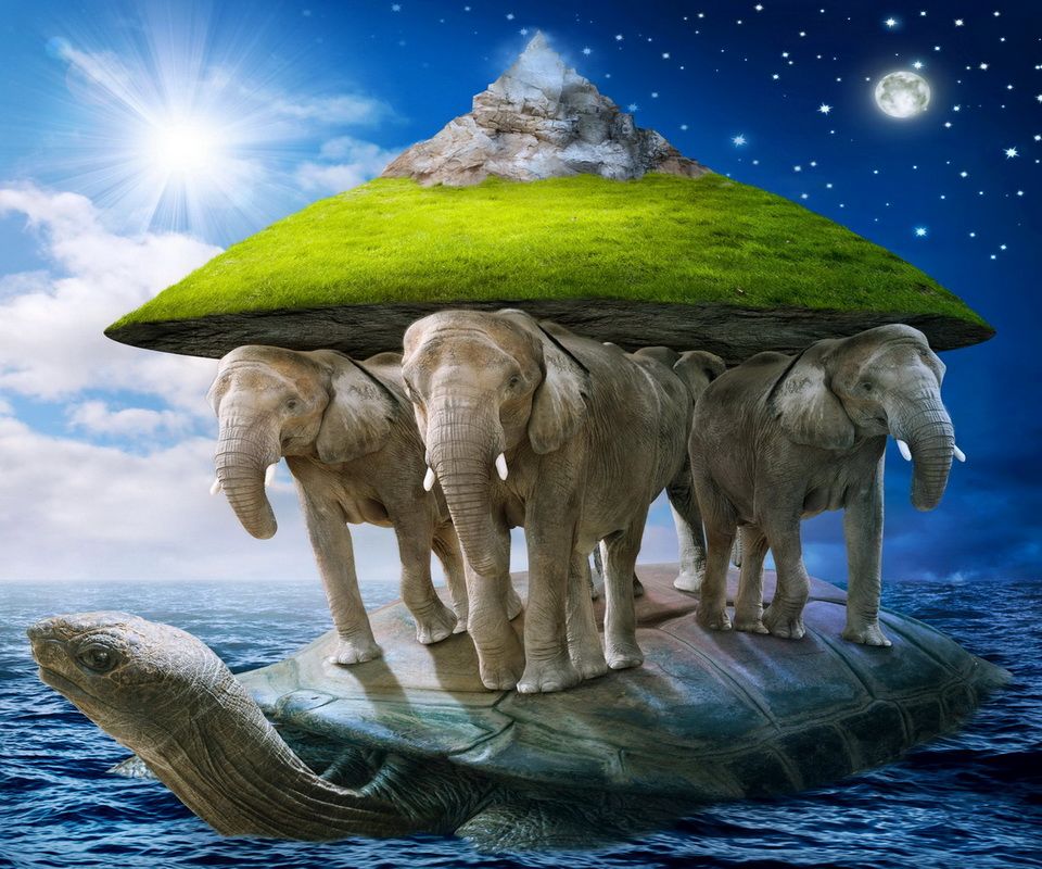 Земля все таки вертится. Земля на трех слонах и черепахе. Представление о земле в древности. Древняя земля на слонах и черепахи. Три кита представление о земле.