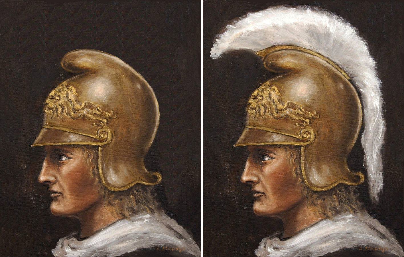 Рисунок 16. Греческий шлем без перьев и с оными на примере изображения Александра Македонского. Рисунок 16. Греческий шлем без перьев и с оными на примере изображения Александра Македонского.
