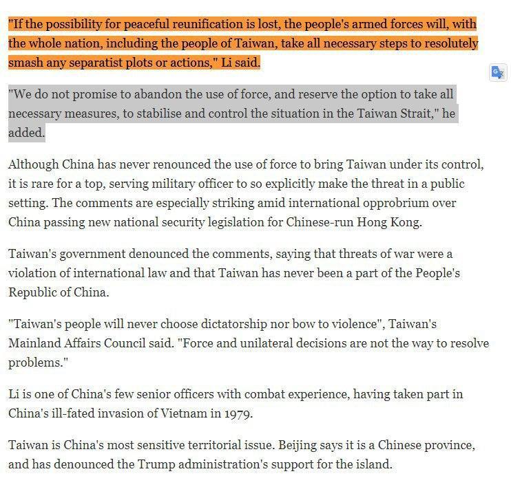 Китай предупредил Тайвань о возможности применения военной силы