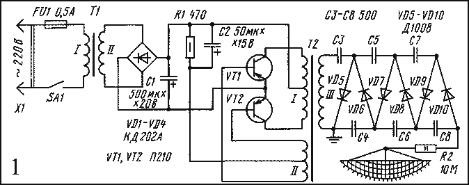 Современная схема транзисторного преобразователя напряжения, на выходе которого получается 25-40 кВ. 