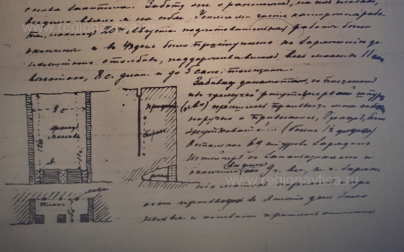 Фрагмент письма архитектора Свиньина со схемой подготовки к отрыву мраморной глыбы в 1902 году