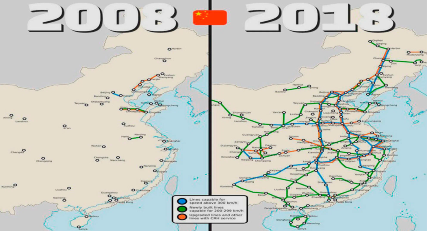 Карта высокоскоростных железных дорог китая