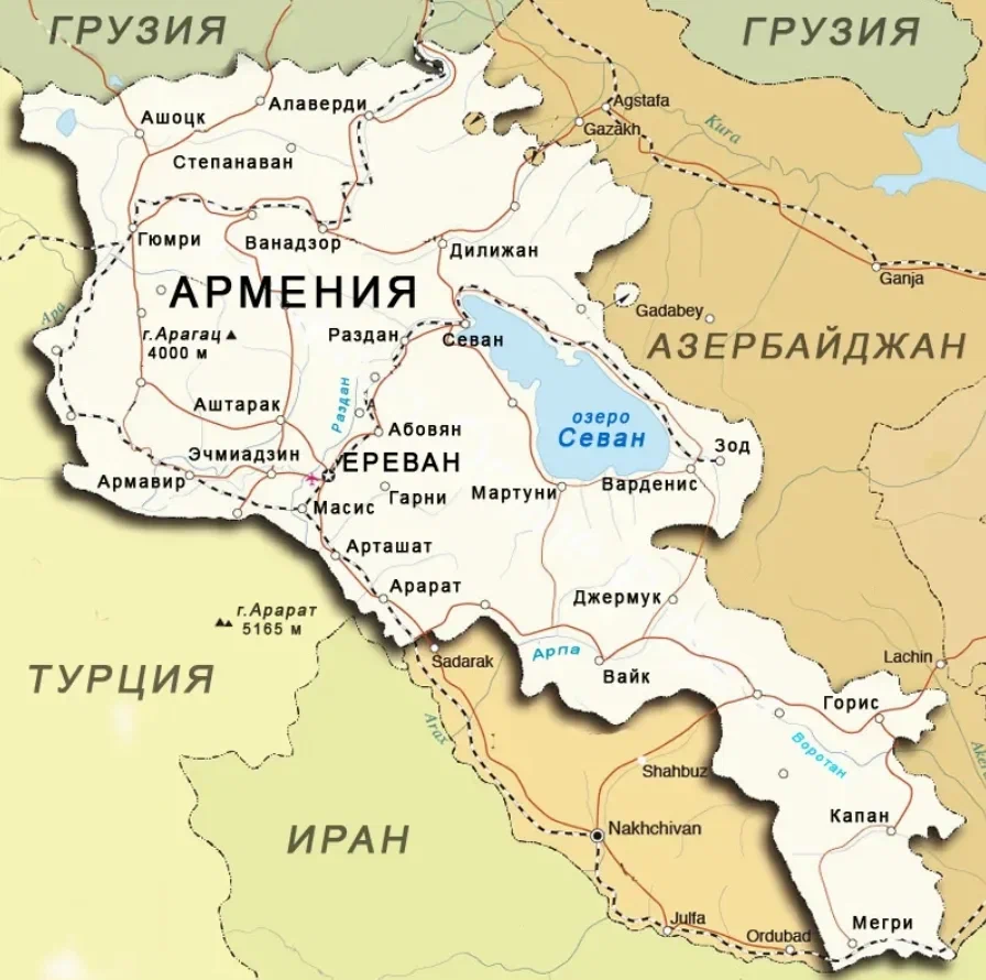 Карта Армении с границами соседних государств